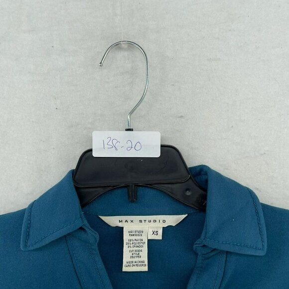 Max Studio Dress XS Teal Blue Collared V-Neck 3/4 Sleeve Roll-Tab Stretch Belted - Picture 11 of 11